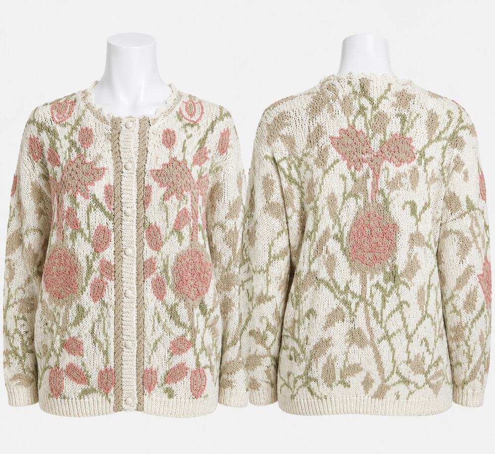 Vintage Needleworks 1990 Hand Knit Floral Cardigan Sweater Women's L Ramie